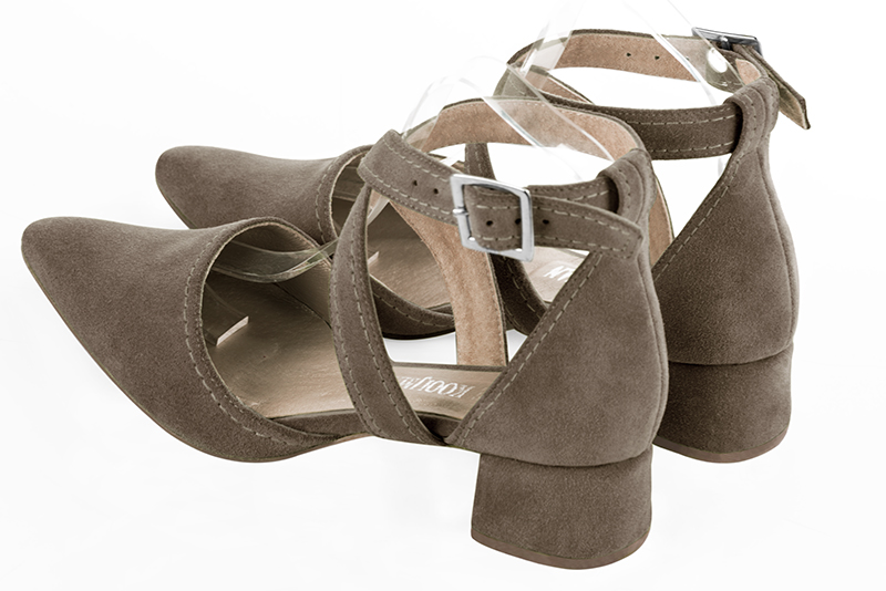 Taupe brown women's open side shoes, with crossed straps. Tapered toe. Low flare heels. Rear view - Florence KOOIJMAN
